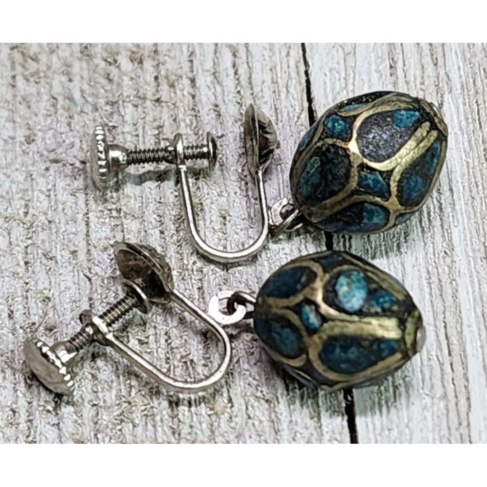 VTG Inlaid Turquoise and Silver Earrings with Screwback Ear Piece Art Deco